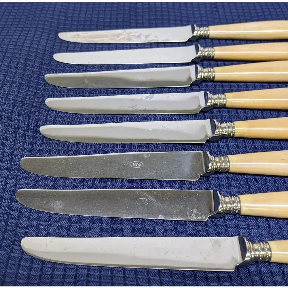Vintage Set of 8 Butter Knives - INOX of Italy, bone-colored / tinted handles